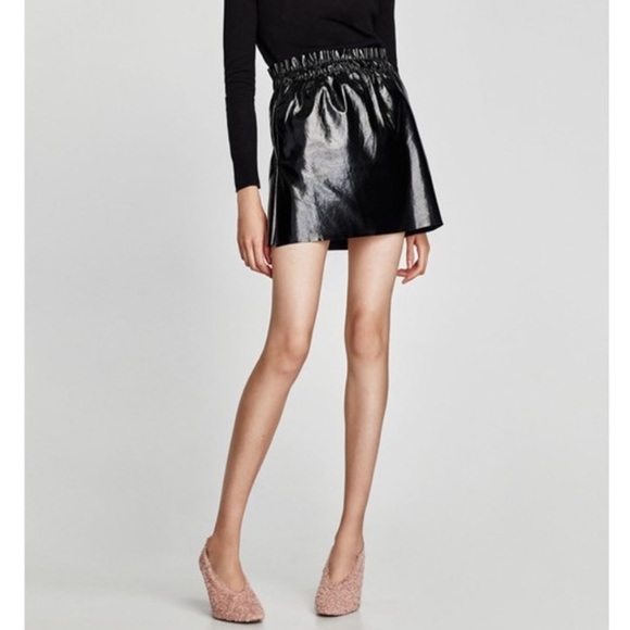 Zara Dresses & Skirts - Zara Black Gathered Faux Leather Mini Skirt